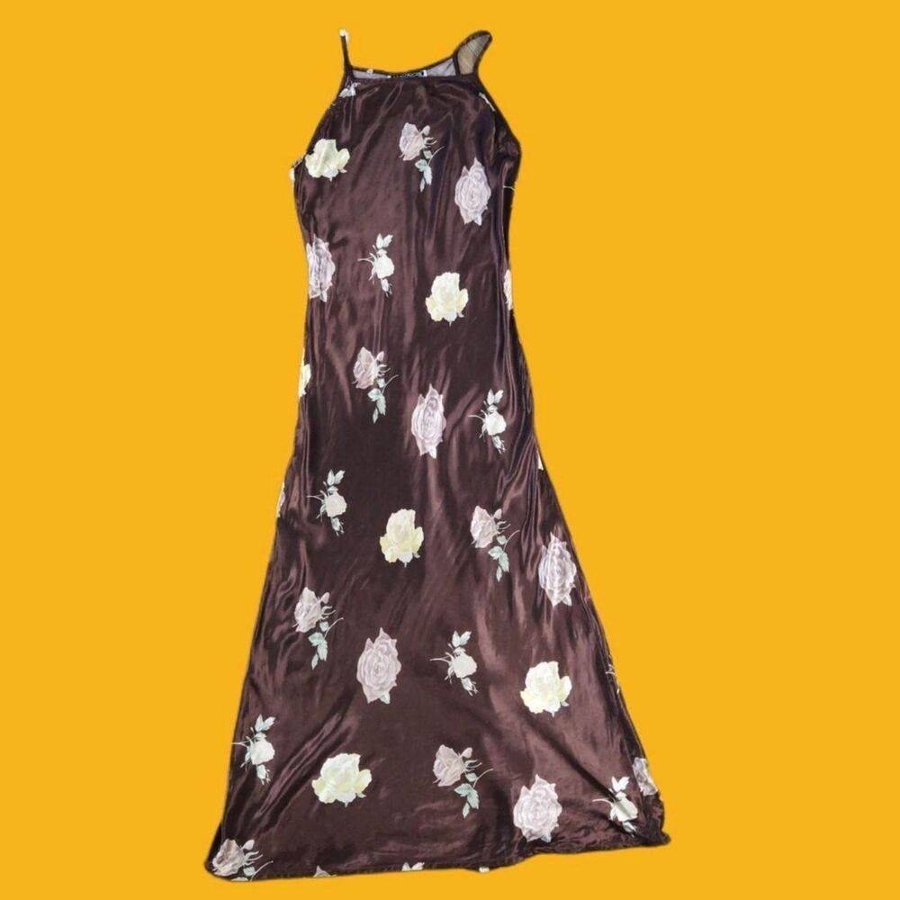 Vintage Maurice's Satin Rose Floral Maxi Dress Fairycore Whimsygoth